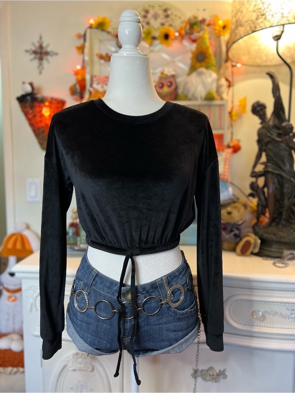 Derek Heart Black Velvet Long-Sleeve Cinch-Waist Top